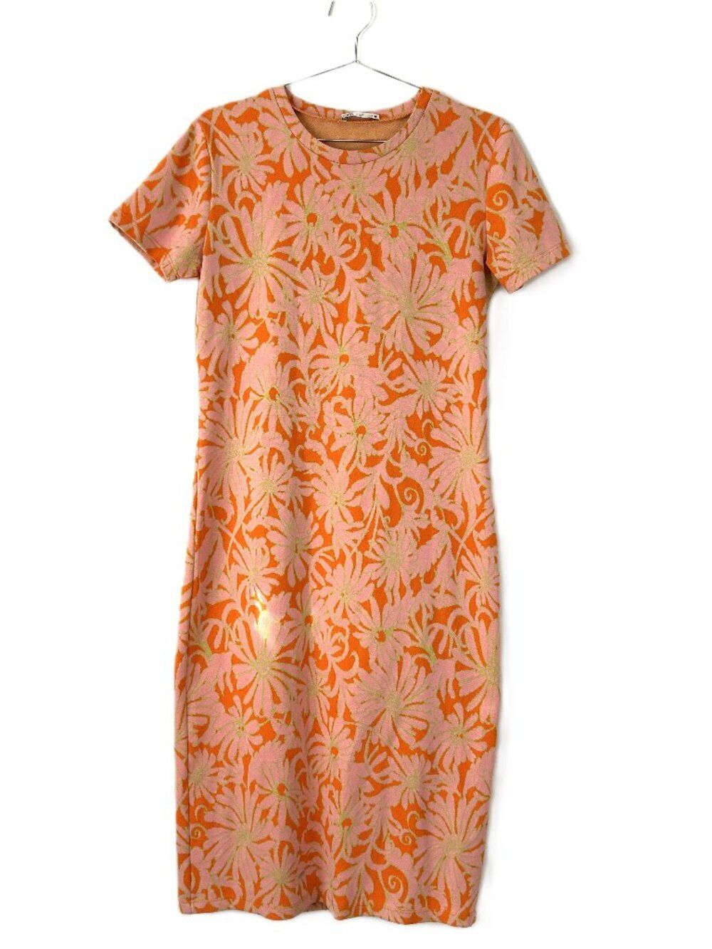 0388 Zara Retro Floral T Shirt Dress Pink Orange Green L Maxi